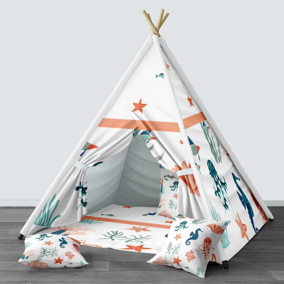 Deniz Canlıları Çadır Evi | Beyaz yıldızlar, deniz atları Desenli