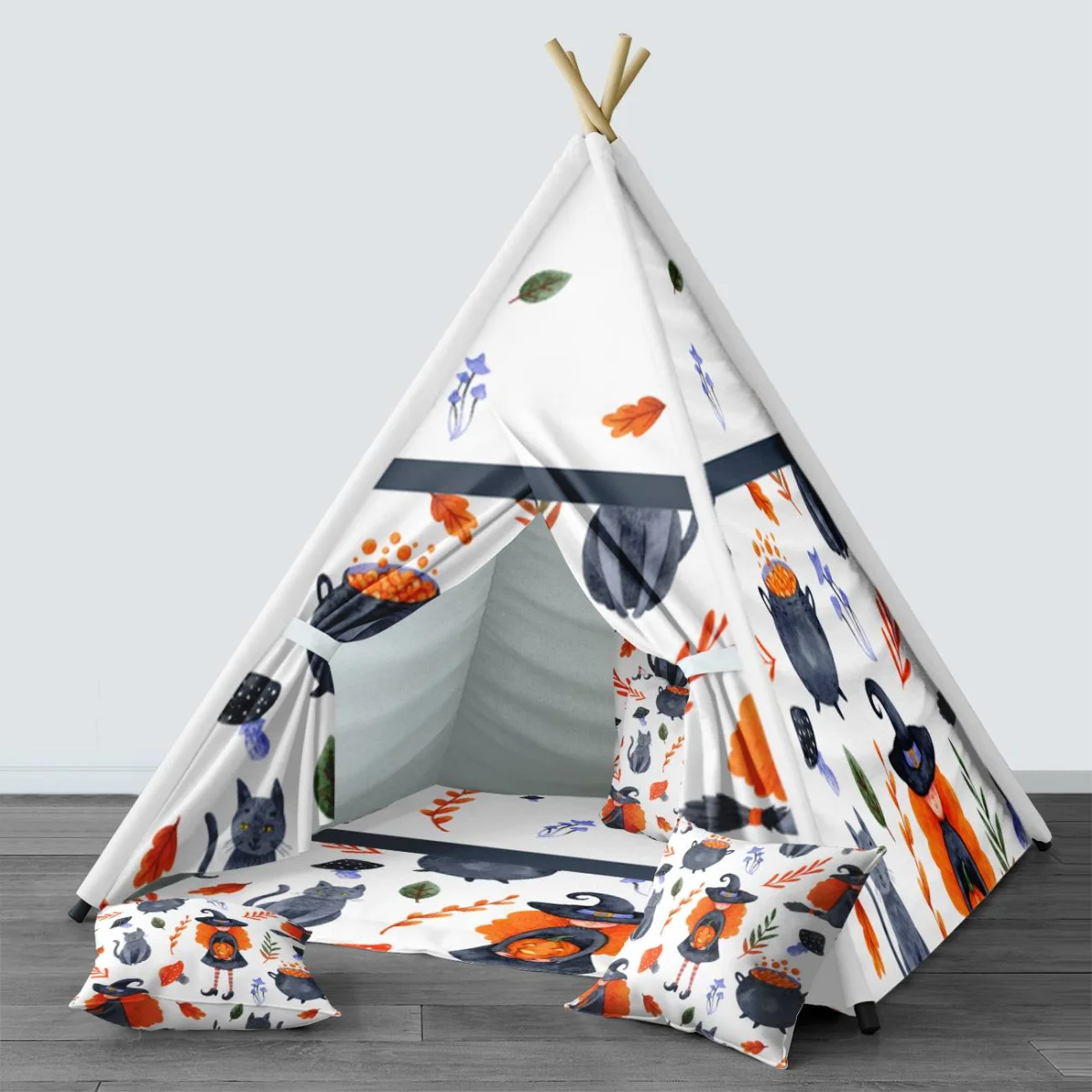 Cadı ve Halloween Çadır Evi | Beyaz cadı, kara kedi Desenli