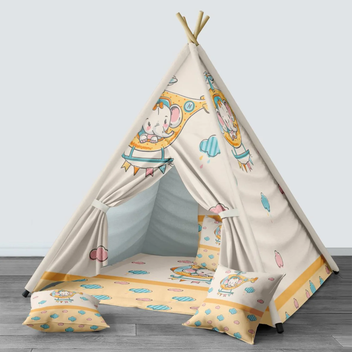 Uçan Fil Çadır Evi | Bej bulut, yağmur damlası Desenli