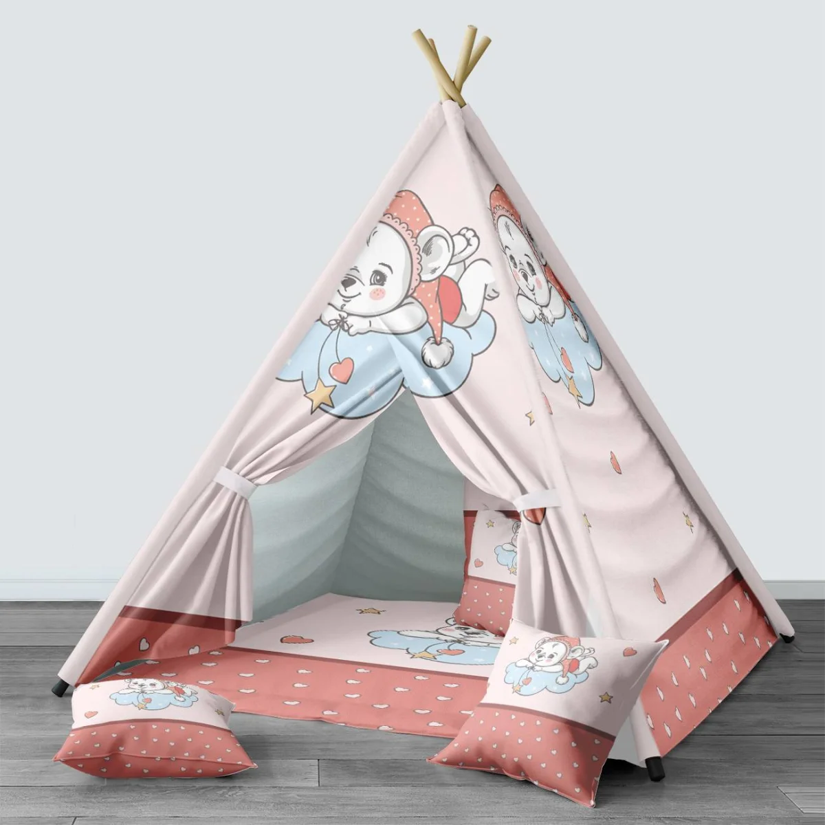 Ayıcık Çadır Evi | Pembe Ayıcık, bulut Desenli