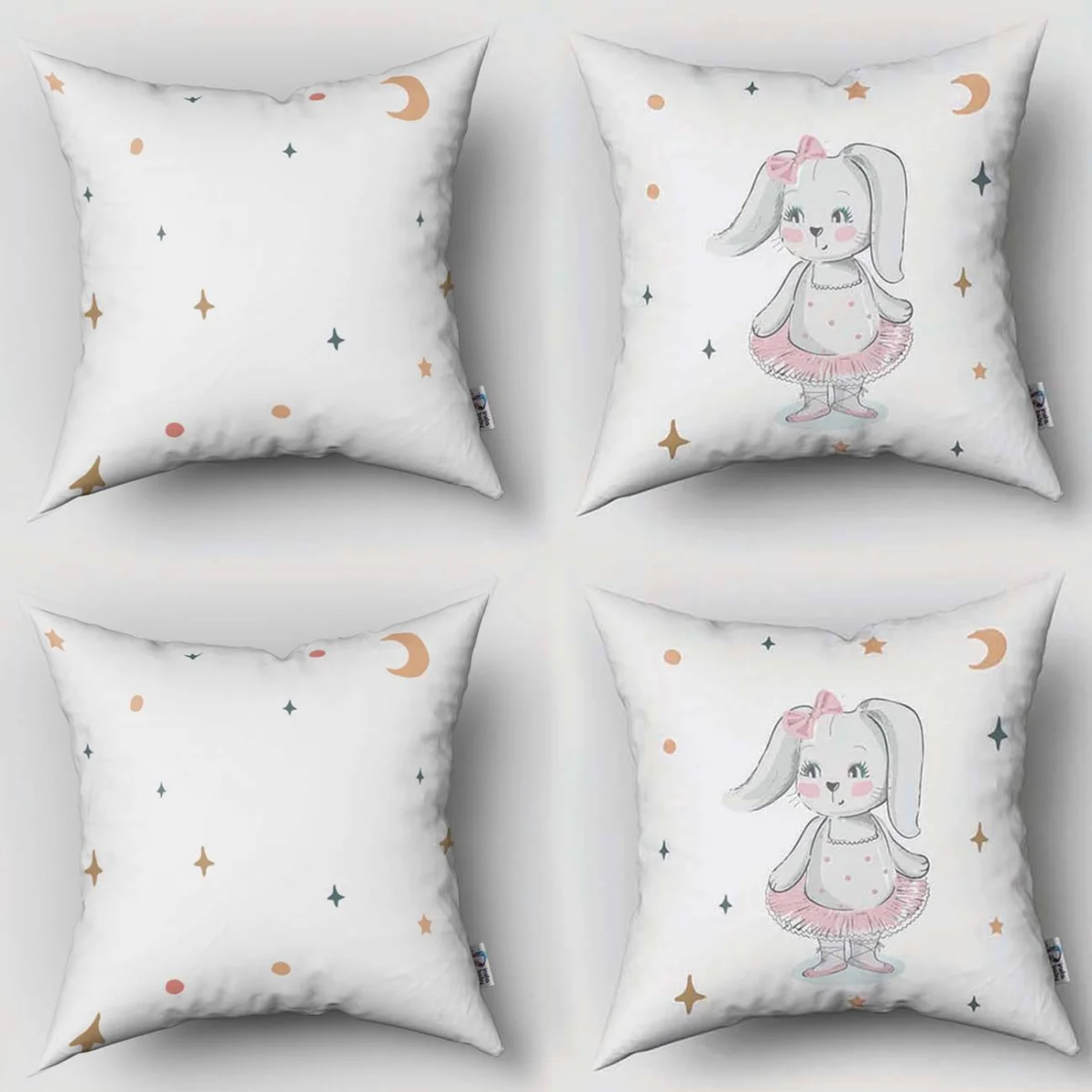 Balerin Tavşan 4lü Kırlent | Beyaz yıldızlar, ay Desenli