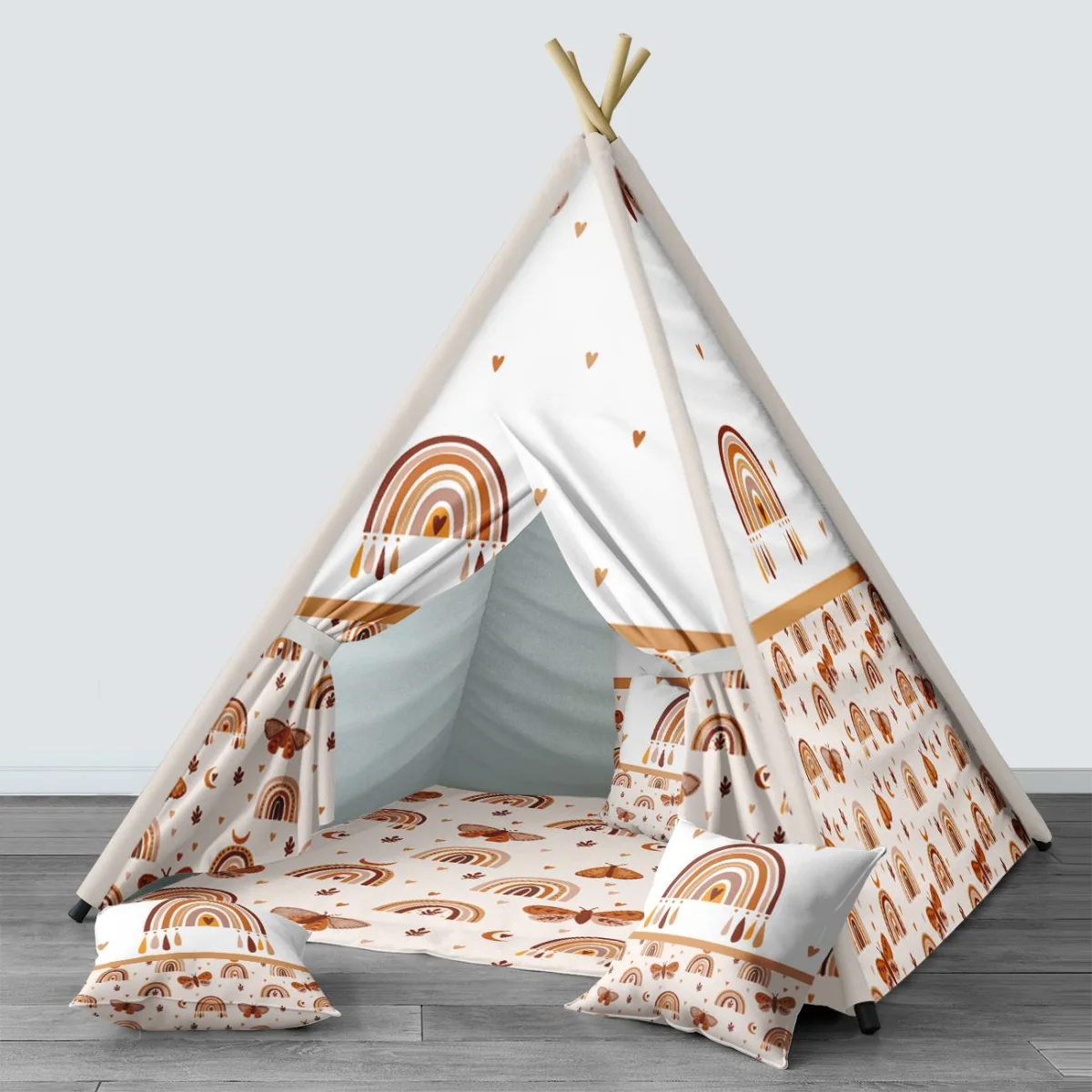 Gökkuşağı Çadır Evi | Beyaz Ay, kalpler Desenli