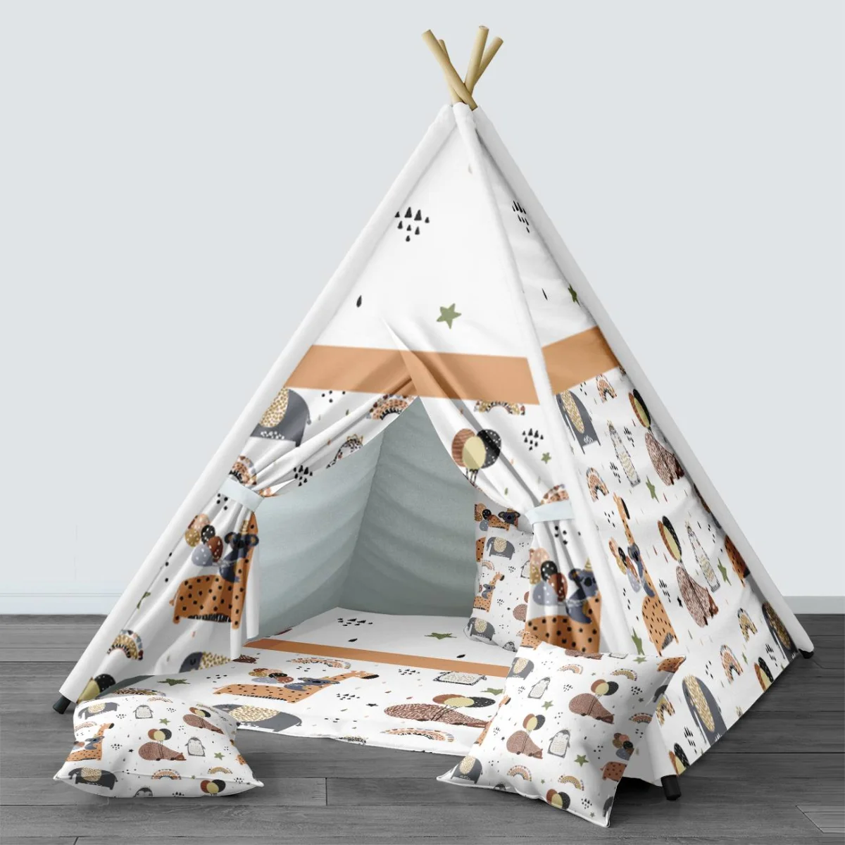 Orman Hayvanları Çadır Evi | Beyaz yıldızlar, gökkuşağı Desenli