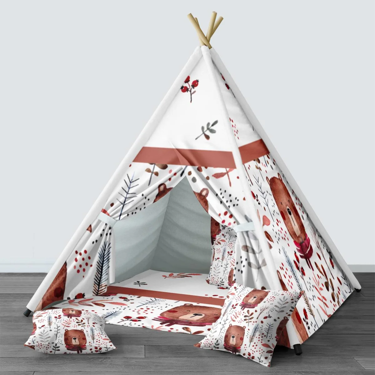 Orman Hayvanları Çadır Evi | Beyaz yapraklar, kırmızı meyveler Desenli