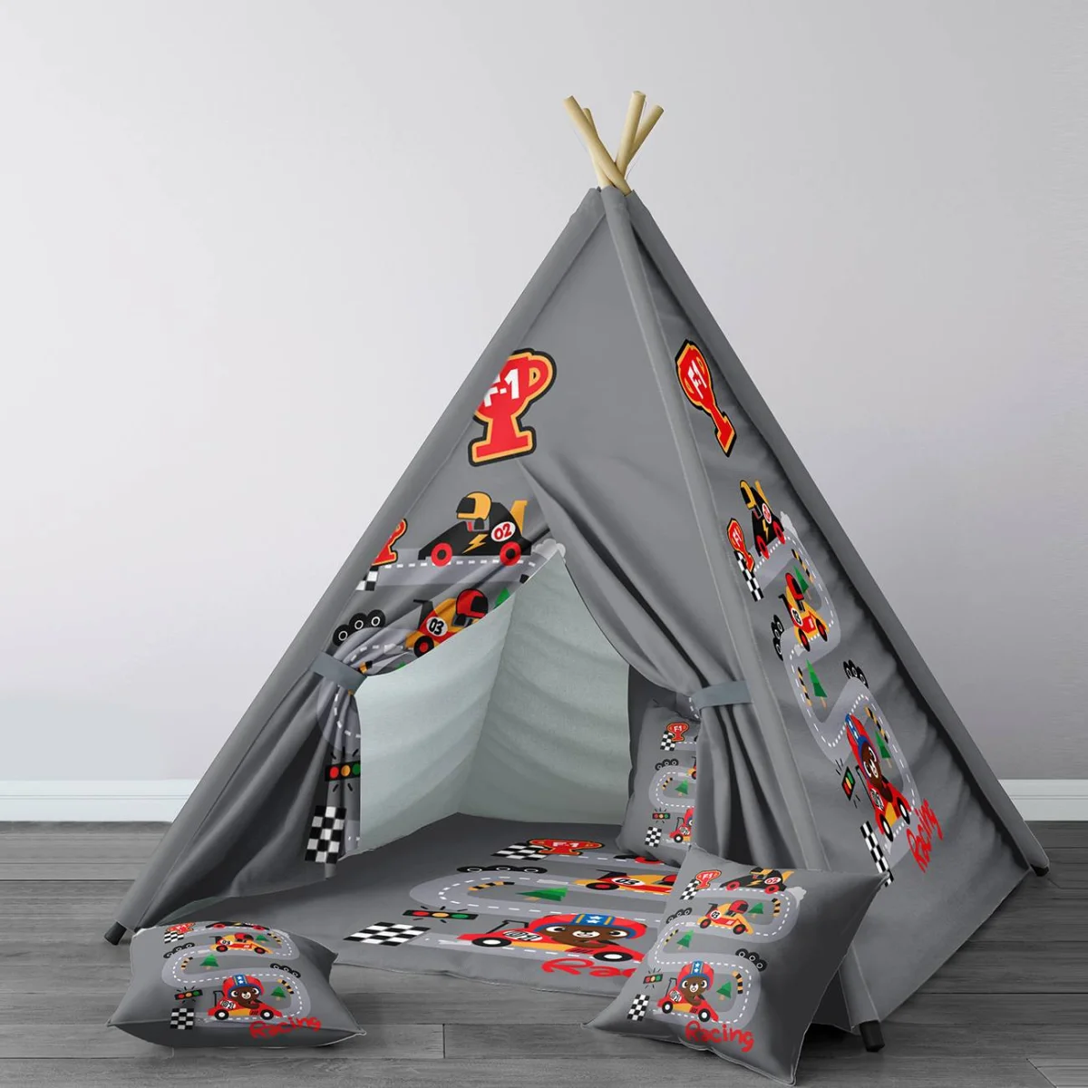 Go-kart yarışı Çadır Evi | Gri Yarış pisti, ağaçlar Desenli