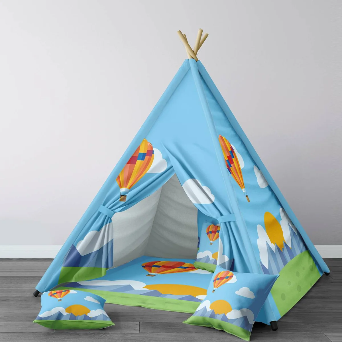 Balonlar Çadır Evi | Mavi bulut, dağ Desenli