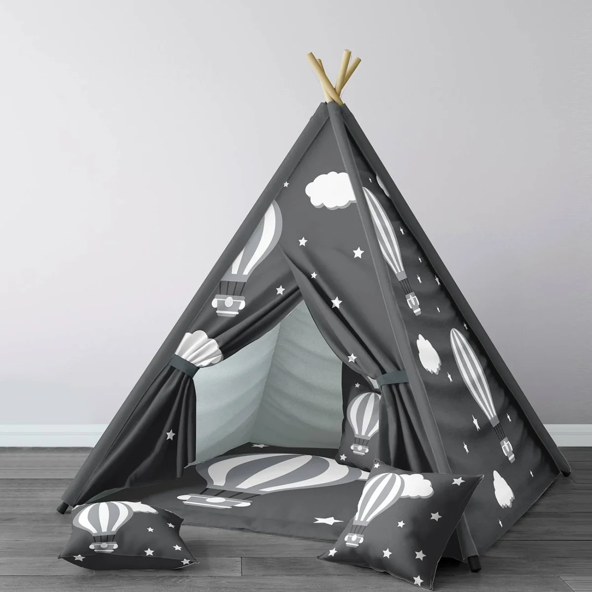 Sıcak Hava Balonları Çadır Evi | Gri yıldız, bulut Desenli