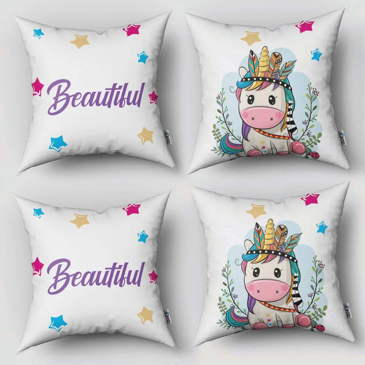 Unicorn 4lü Kırlent | Beyaz Yapraklar, bulut Desenli