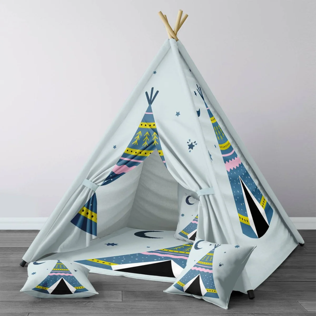 Çadır (Teepee) Çadır Evi | Mavi Ay, yıldızlar Desenli