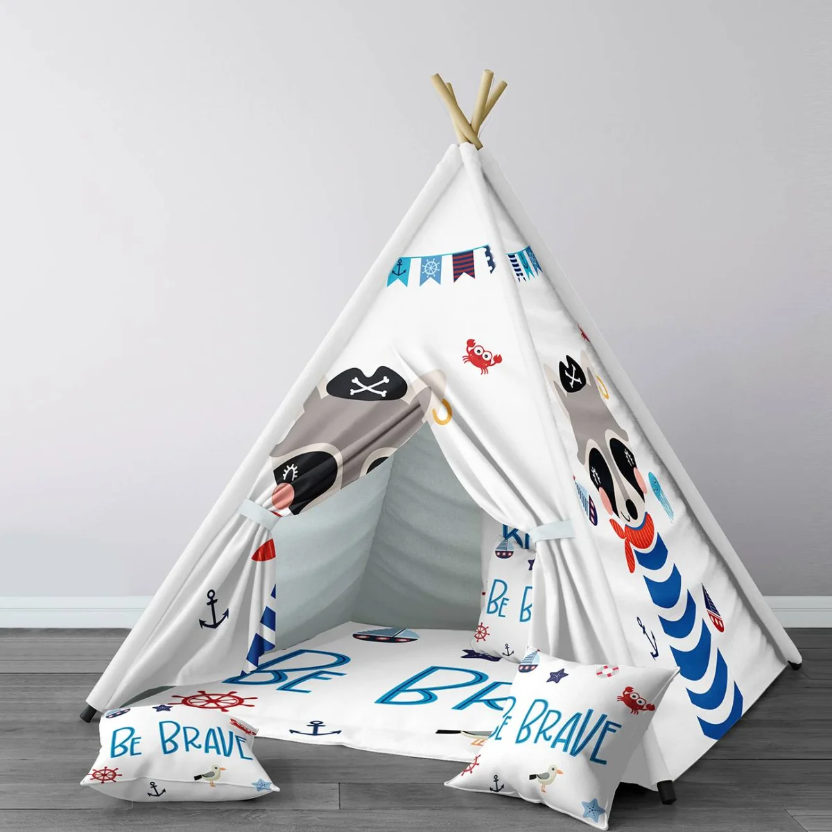 Korsan Temalı Rakun Çadır Evi | Beyaz gemici direksiyonu, çapa Desenli