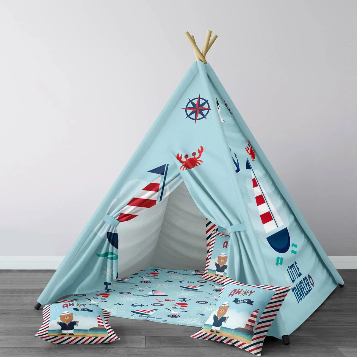 Denizcilik Çadır Evi | Açık Mavi yelkenli, martı Desenli