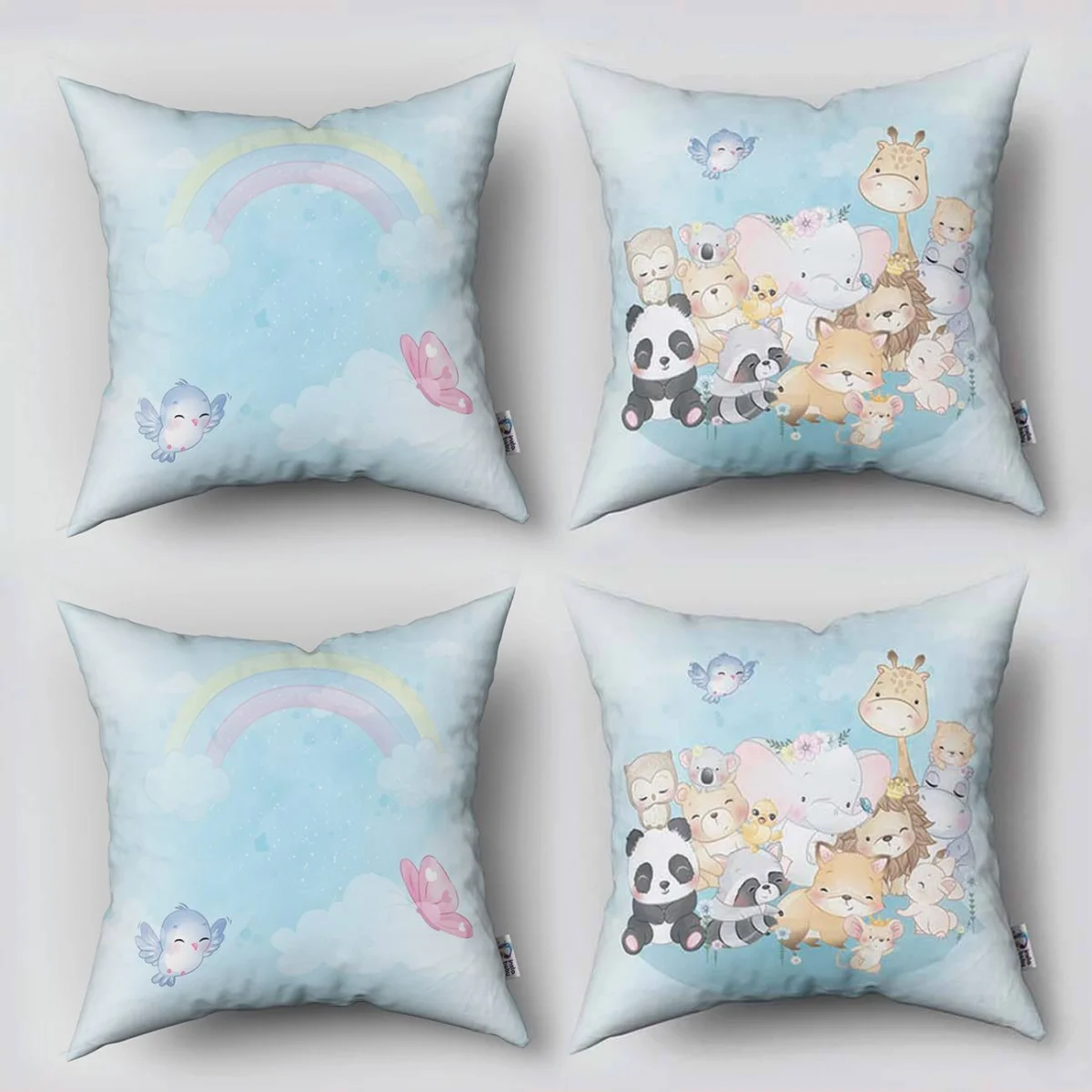 Orman Hayvanları 4lü Kırlent | Mavi gökkuşağı, bulutlar Desenli