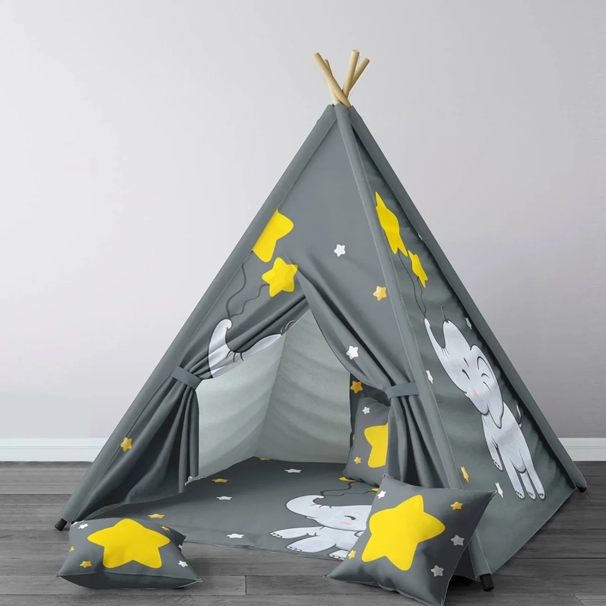 Fil Çadır Evi | Gri yıldızlar, yıldız balonlar Desenli