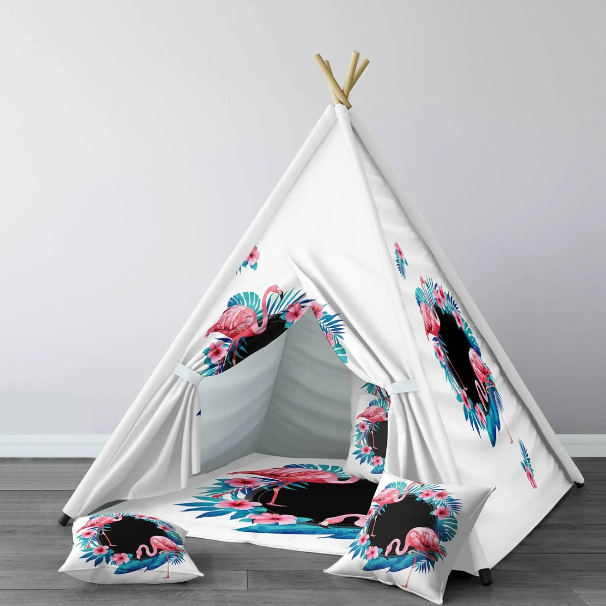 Flamingolar Çadır Evi | Beyaz Tropikal yapraklar, pembe hibiskus çiçekleri Desenli