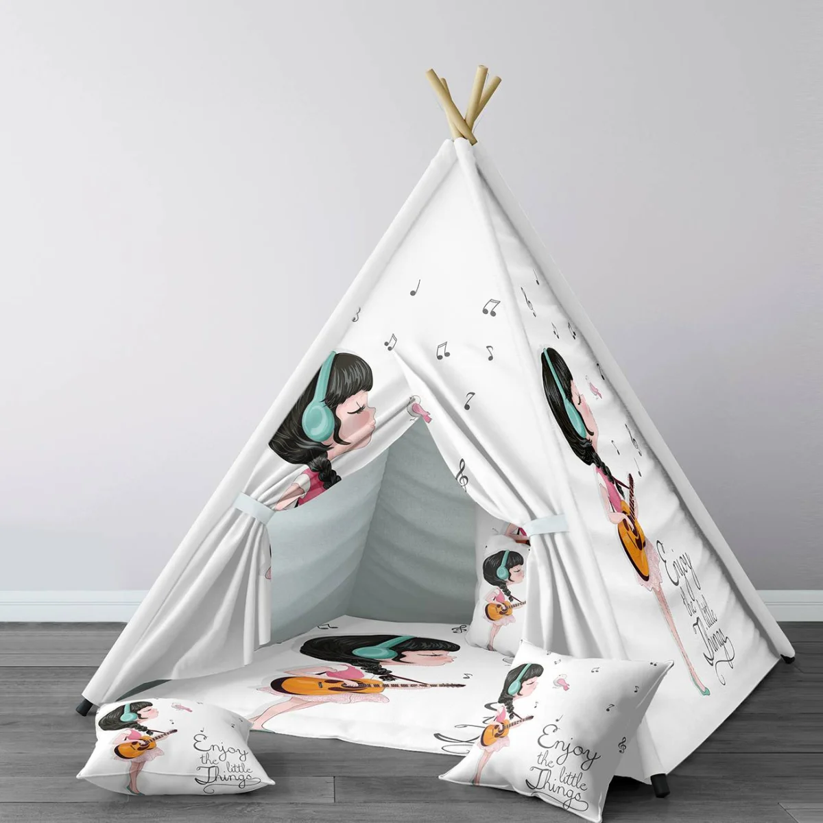 Müziksever Kız Çadır Evi | Beyaz müzik notaları, kuş Desenli