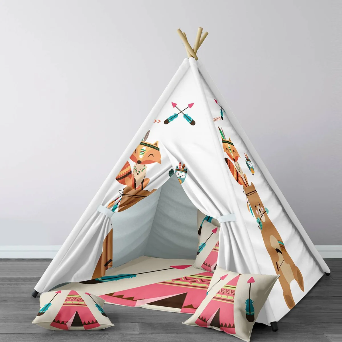 Kızılderili temalı orman hayvanları Çadır Evi | Beyaz Oklar, tüyler Desenli