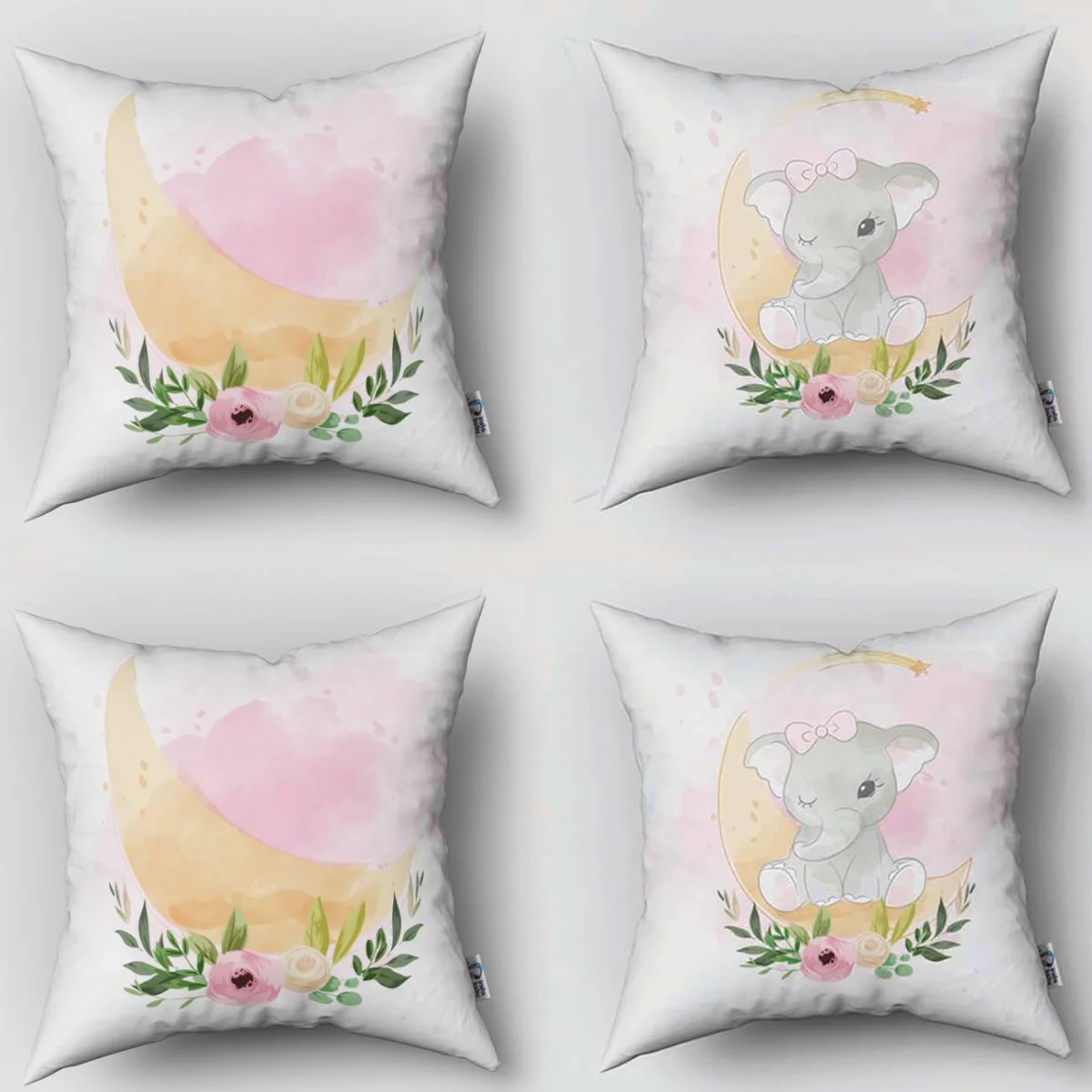 Fil, ay 4lü Kırlent | Beyaz pembe fiyonk, ay Desenli