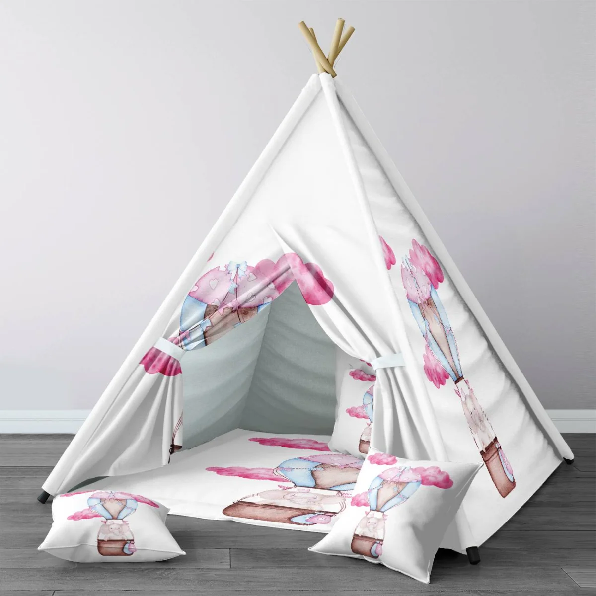 Fil, Sıcak hava balonu Çadır Evi | Beyaz pembe bulut, kalp Desenli