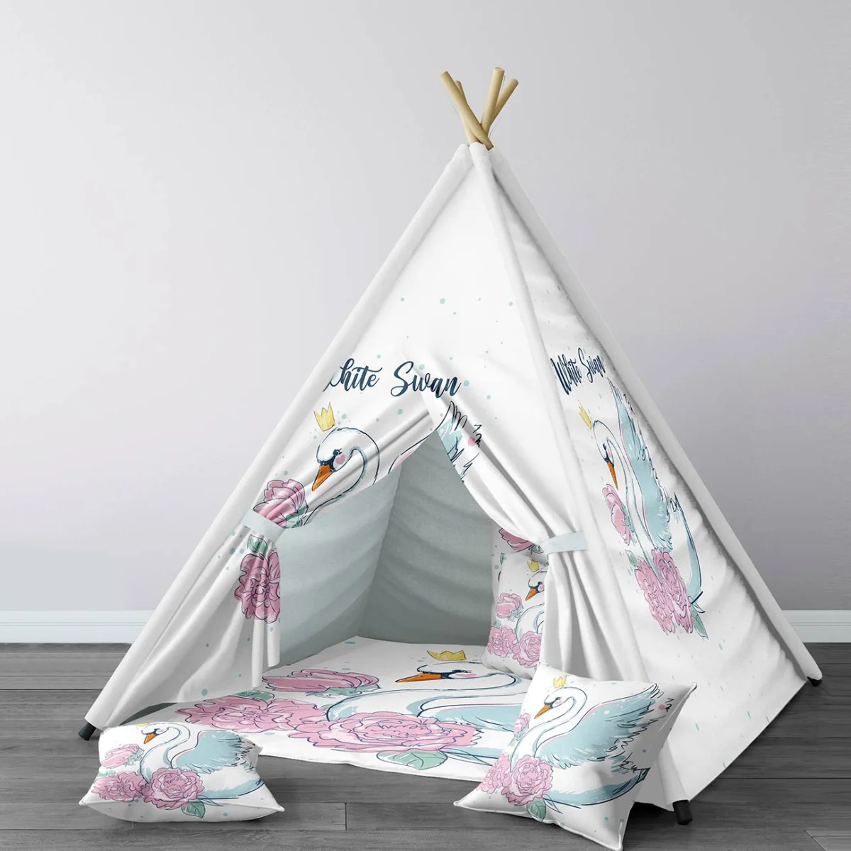 Kuğu Çadır Evi | Beyaz taç, pembe çiçekler Desenli