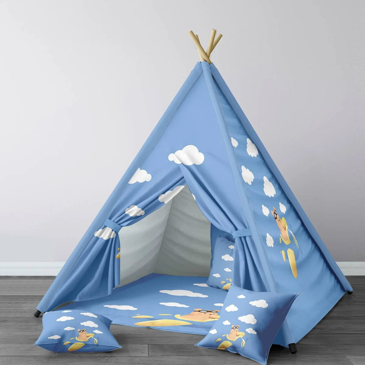 Pilot Ayı Çadır Evi | Mavi bulutlar Desenli
