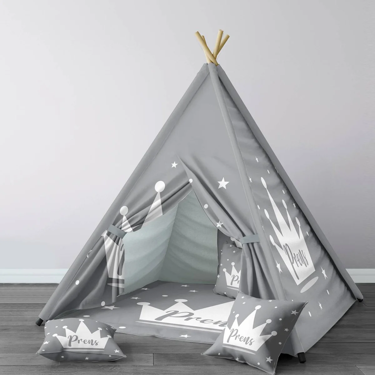 Prens Çadır Evi | Mavi Taç, yıldızlar ve noktalar Desenli