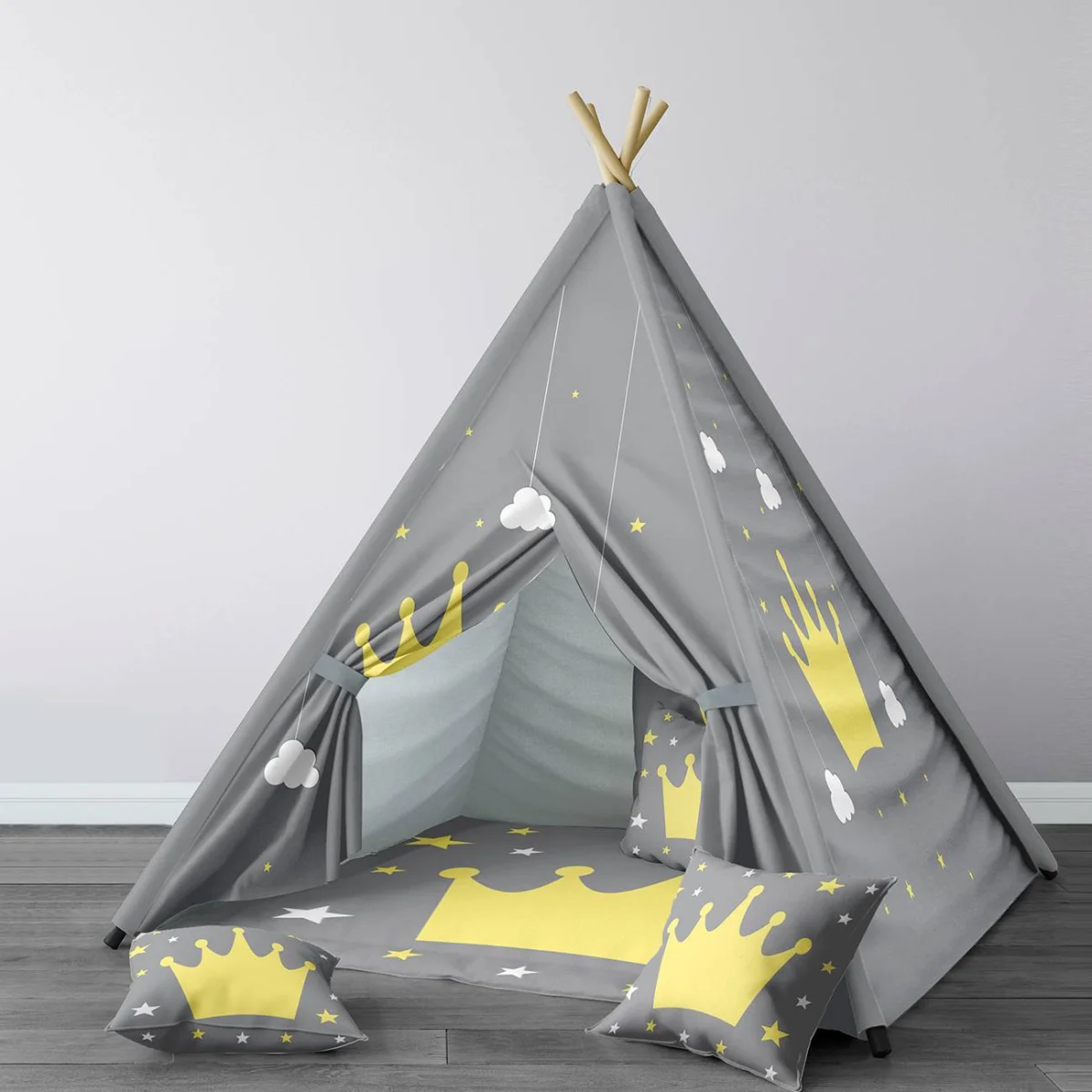 Taç Çadır Evi | Gri yıldız, bulut Desenli