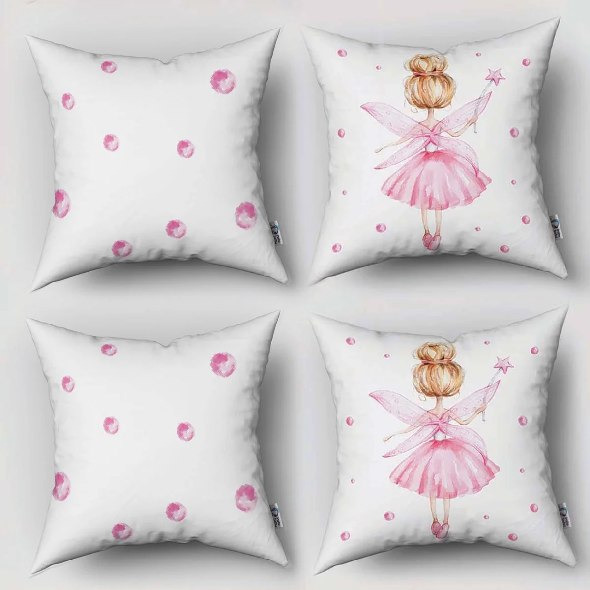 Peri Kız 4lü Kırlent | Beyaz pembe baloncuklar, sihirli yıldız Desenli