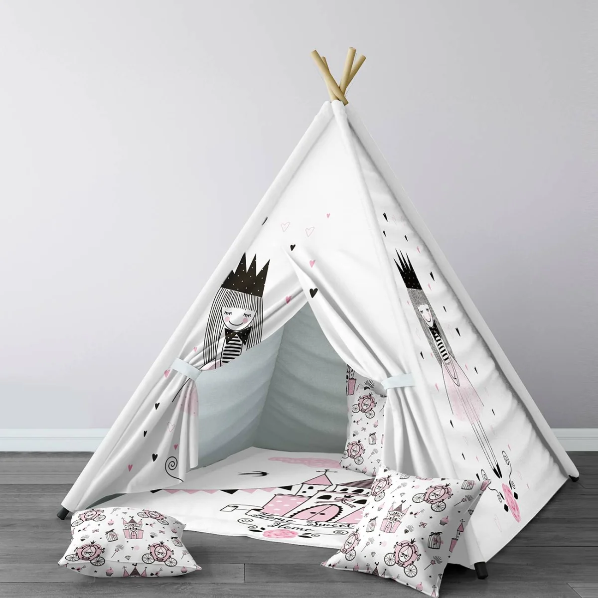 Prenses Çadır Evi | Beyaz Kalpler, kale Desenli