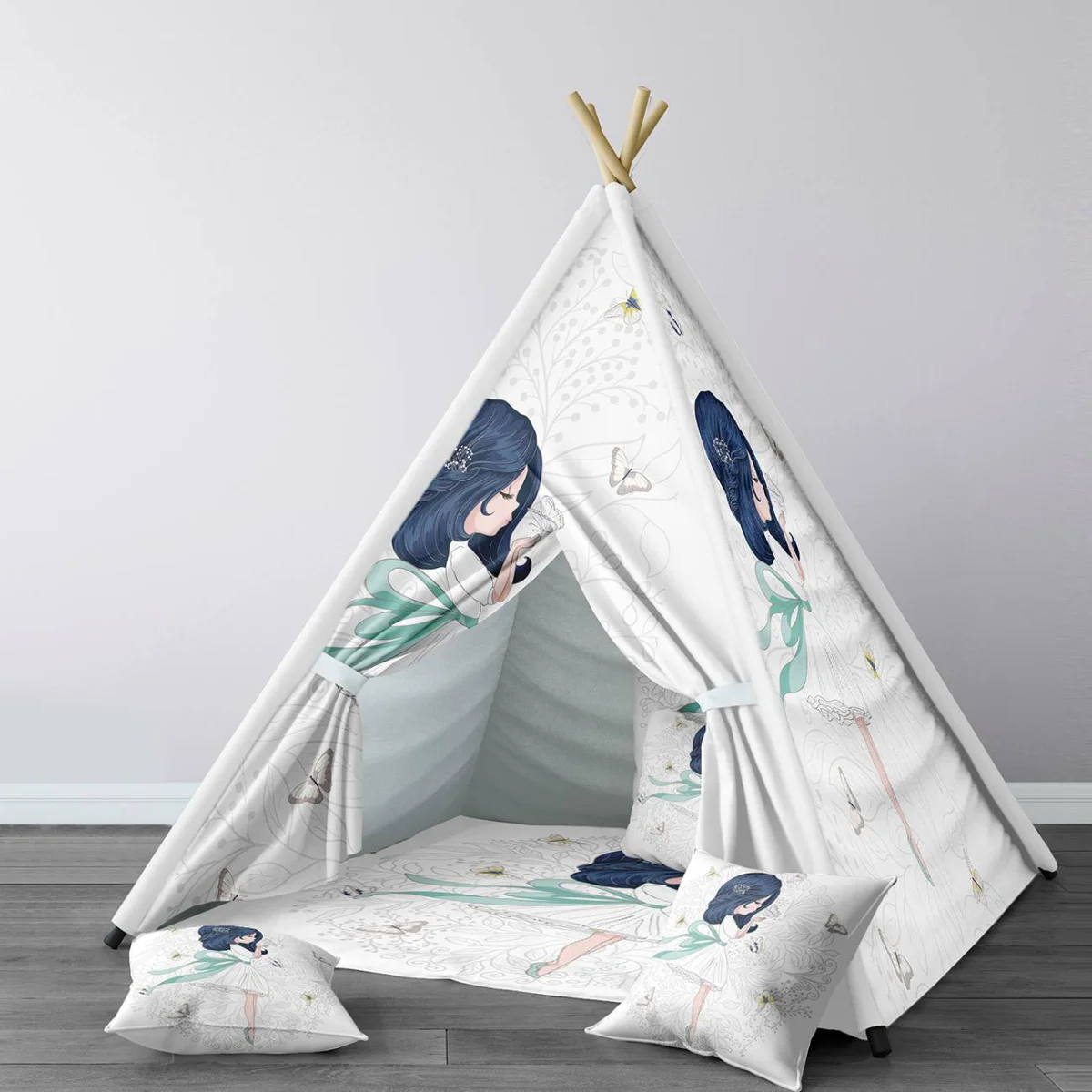 Kız, kelebekler Çadır Evi | Beyaz Kelebekler, floral desen Desenli