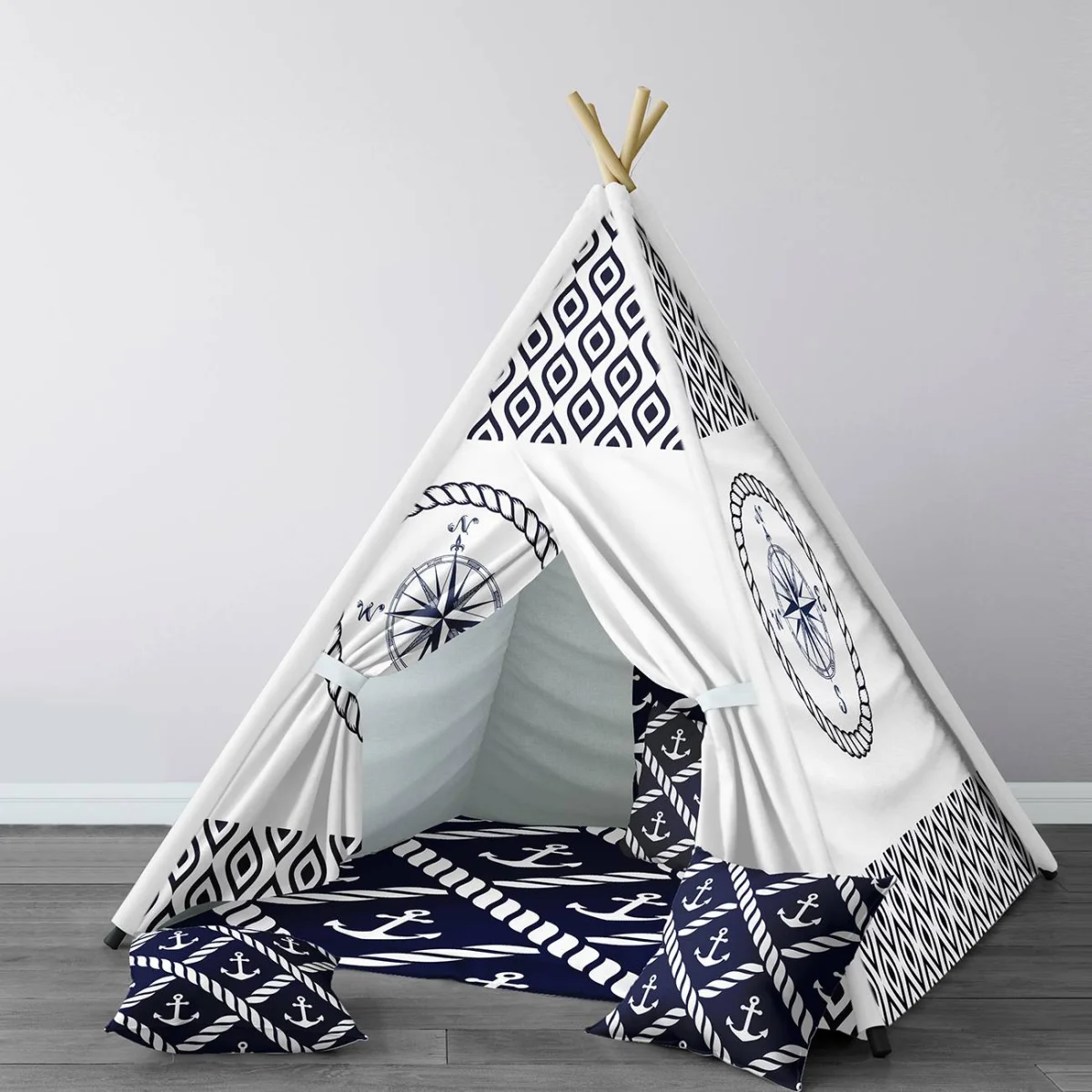 Denizci Çadır Evi | Beyaz Çapa, pusula Desenli