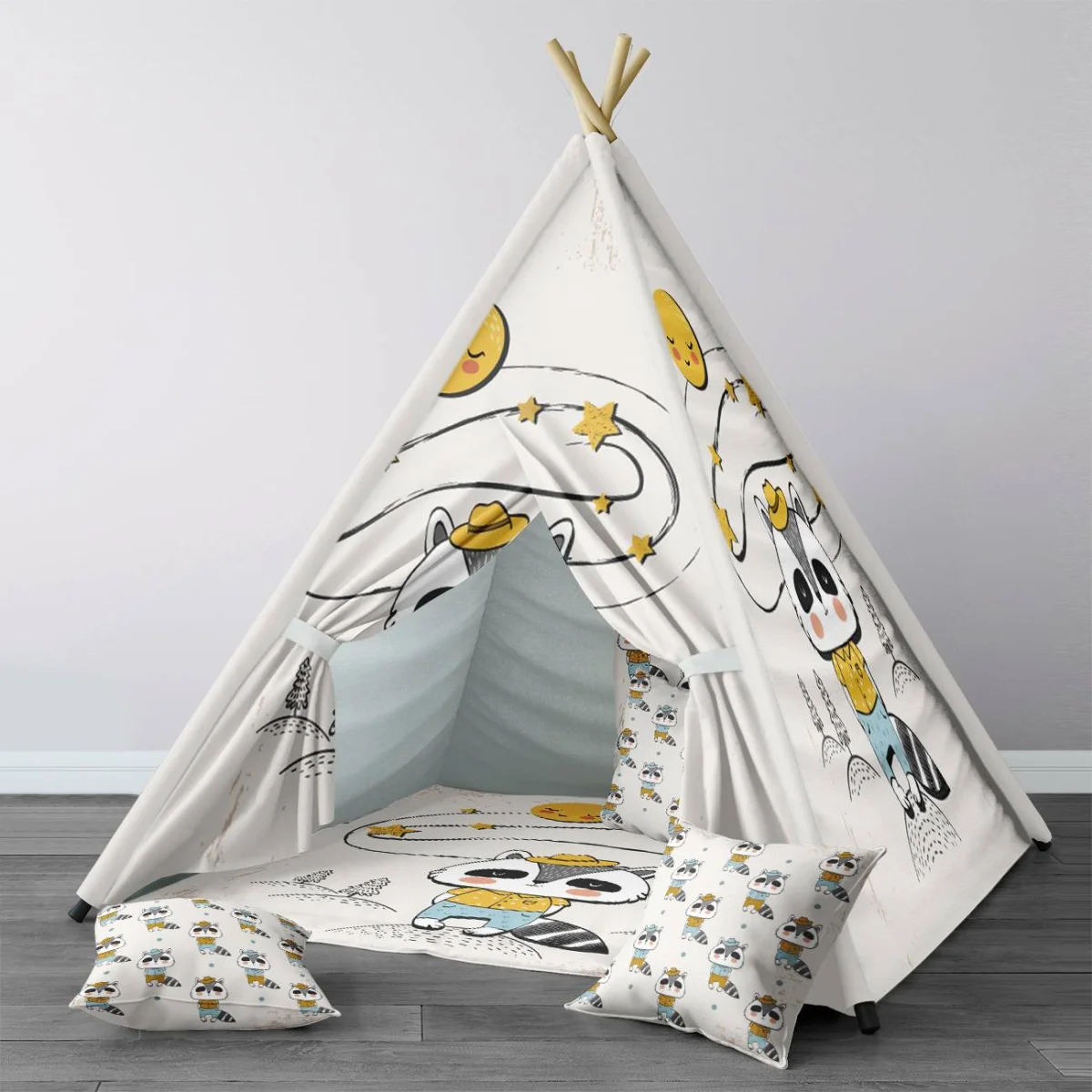 Orman Hayvanları Çadır Evi | Beyaz yıldız, güneş Desenli