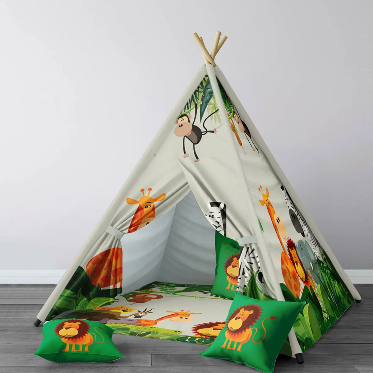 Orman Hayvanları Çadır Evi | Açık Gri yeşil yapraklar ve sarmaşıklar Desenli