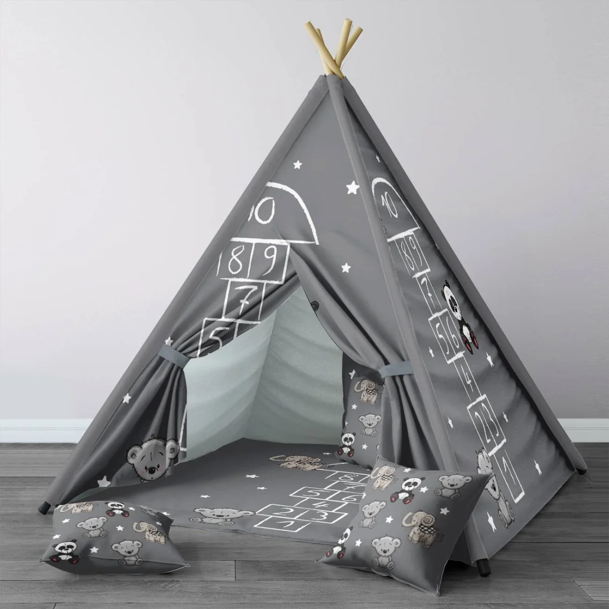Sevimli Hayvanlar Çadır Evi | Gri yıldız, seksek oyunu Desenli