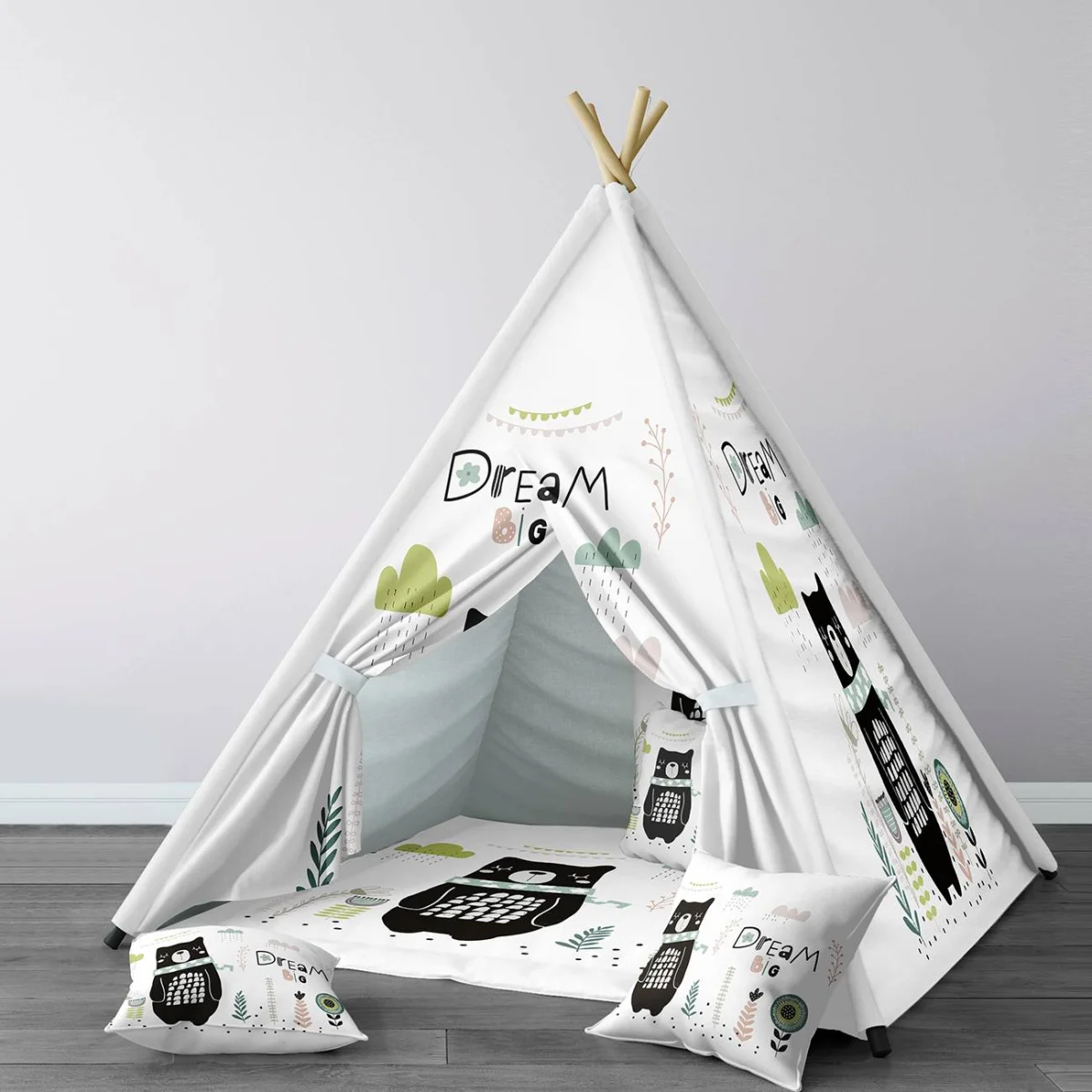 Ayı Çadır Evi | Beyaz Bulutlar, yapraklar Desenli