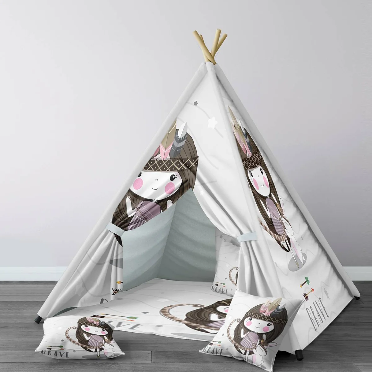 Yerli kız ve tavşan Çadır Evi | Beyaz yıldızlar, dalgalı çizgiler Desenli