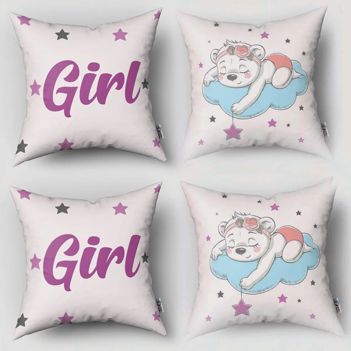 Uyuyan Ayıcık 4lü Kırlent | Lila yıldız, bulut Desenli