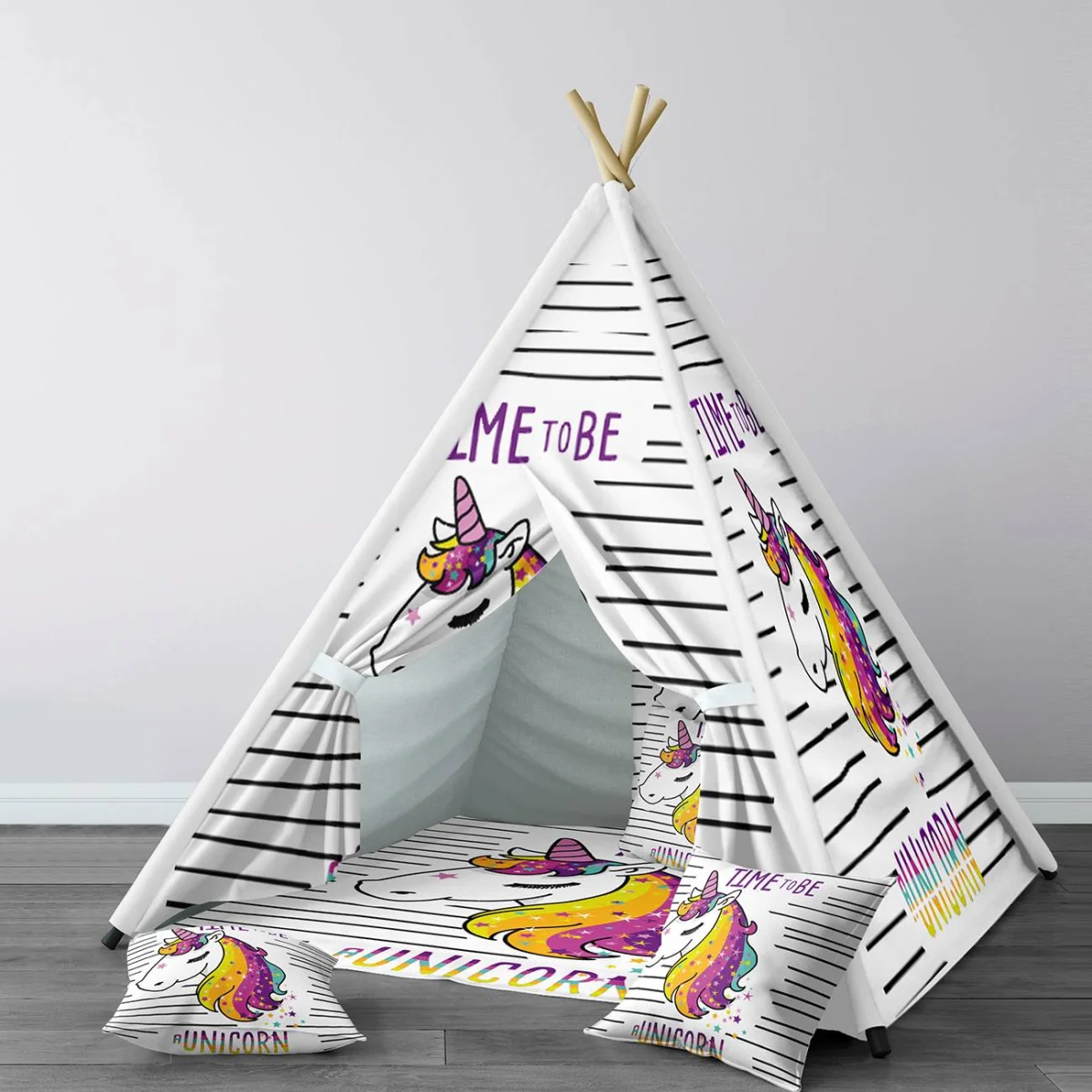 Unicorn Çadır Evi | Beyaz Yatay çizgiler, yıldızlar Desenli