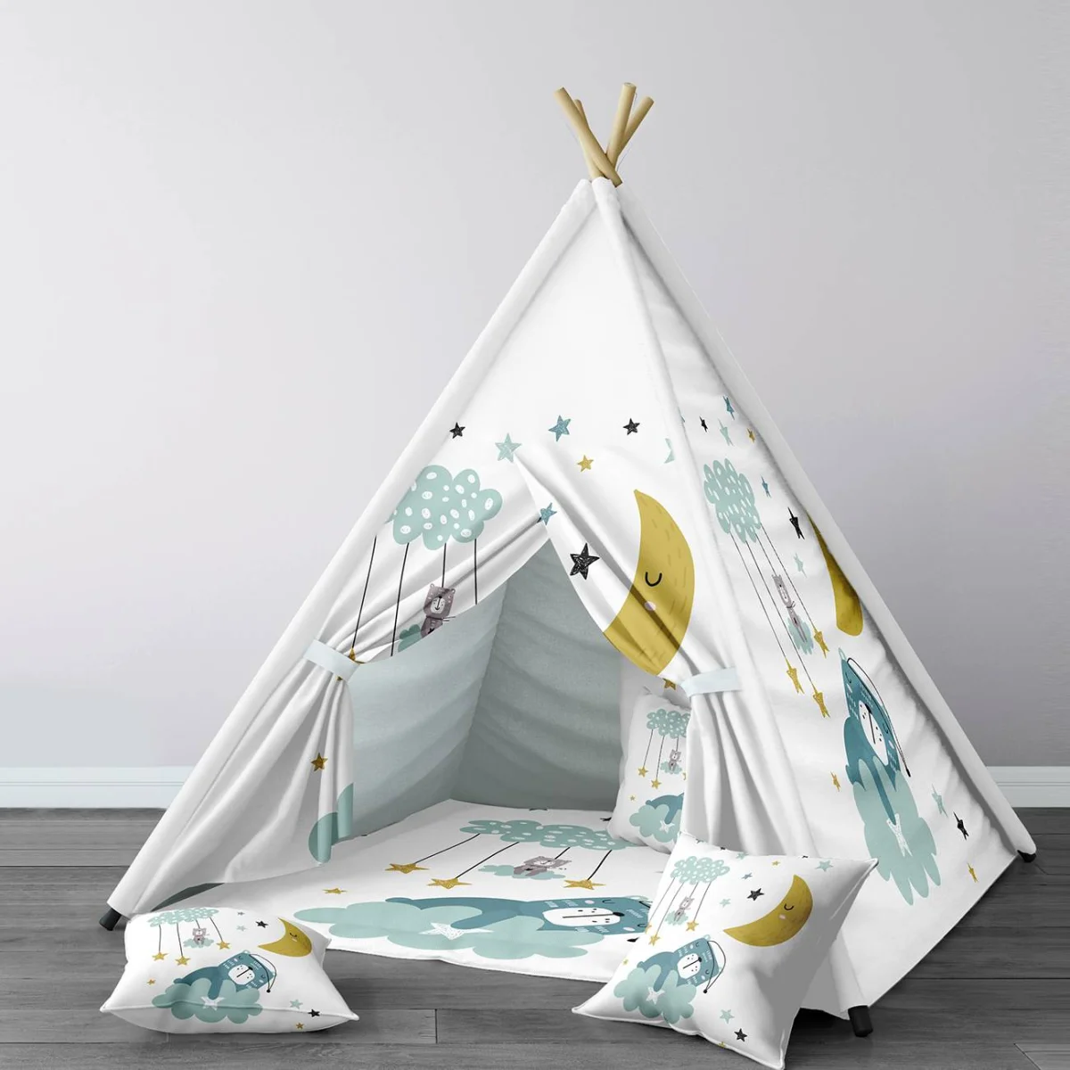 Uyuyan Ayıcık ve Gökyüzü Çadır Evi | Beyaz bulut, yıldız Desenli