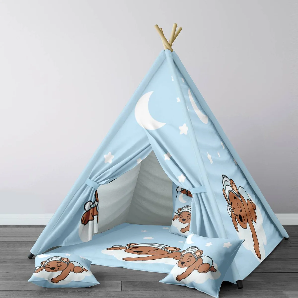 Ayıcık Çadır Evi | Mavi yıldızlar, bulut Desenli