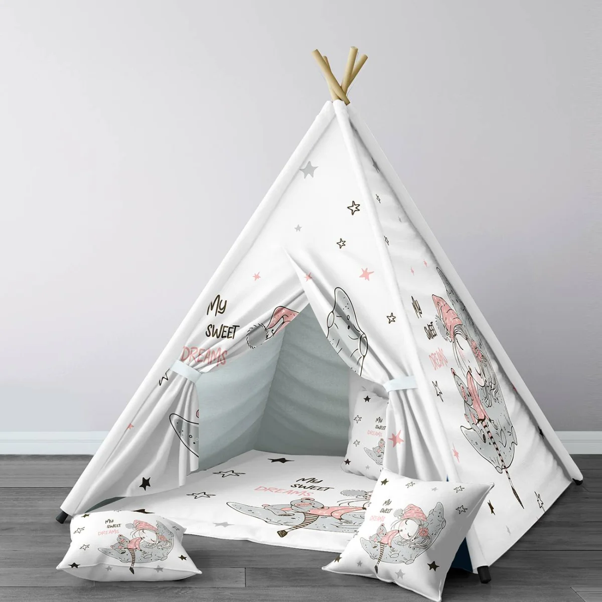 Uyuyan kız ve ay Çadır Evi | Beyaz yıldızlar, ay Desenli