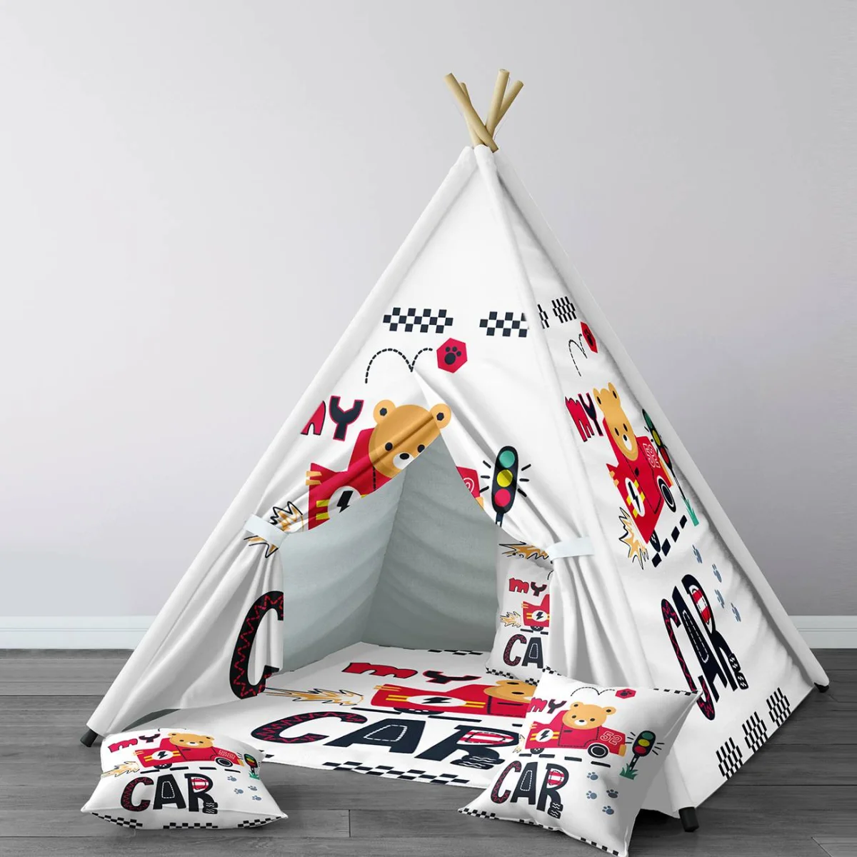 Ayı ve yarış arabası Çadır Evi | Beyaz Trafik ışığı, patik izi Desenli