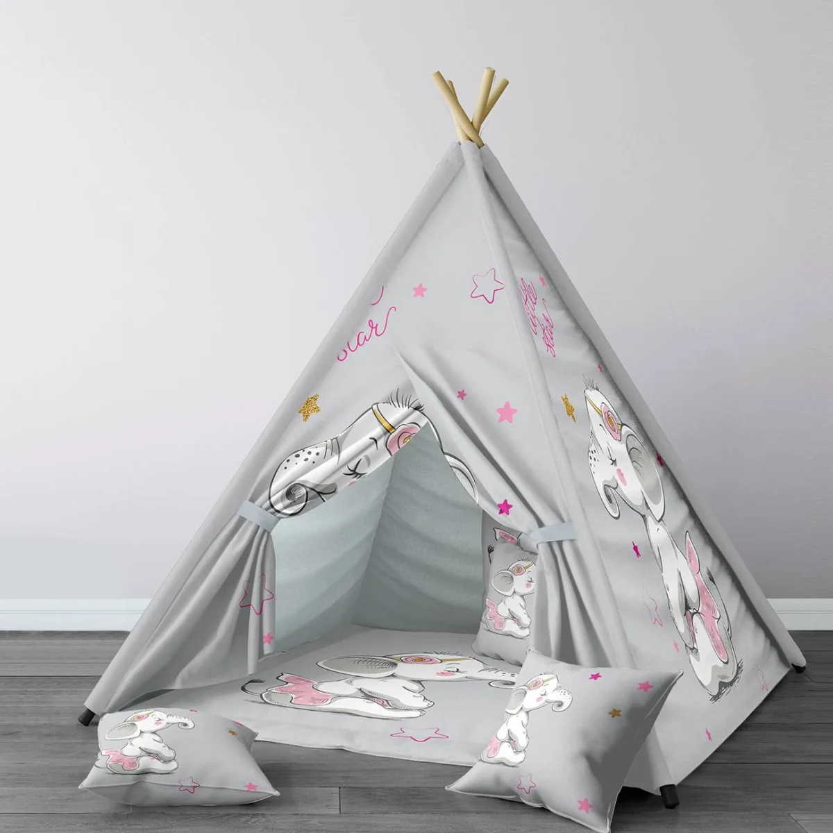 Fil ve Yıldız Çadır Evi | Gri Pembe ve altın yıldızlar, little star yazısı Desenli