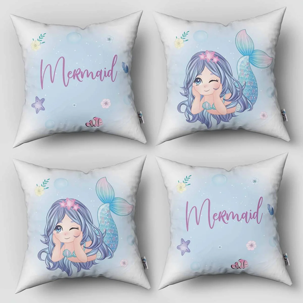 Denizkızı 4lü Kırlent | Mavi Deniz canlıları, yıldızlar Desenli