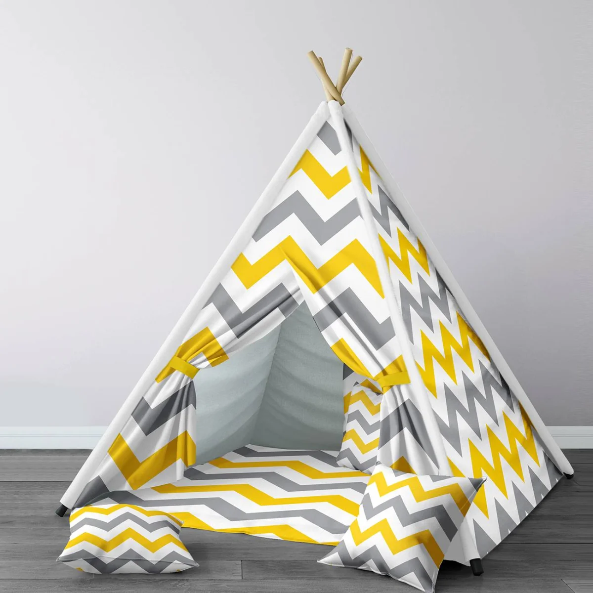 Şevron Çadır Evi | Sarı, Gri, Beyaz Zig-zag çizgili Desenli