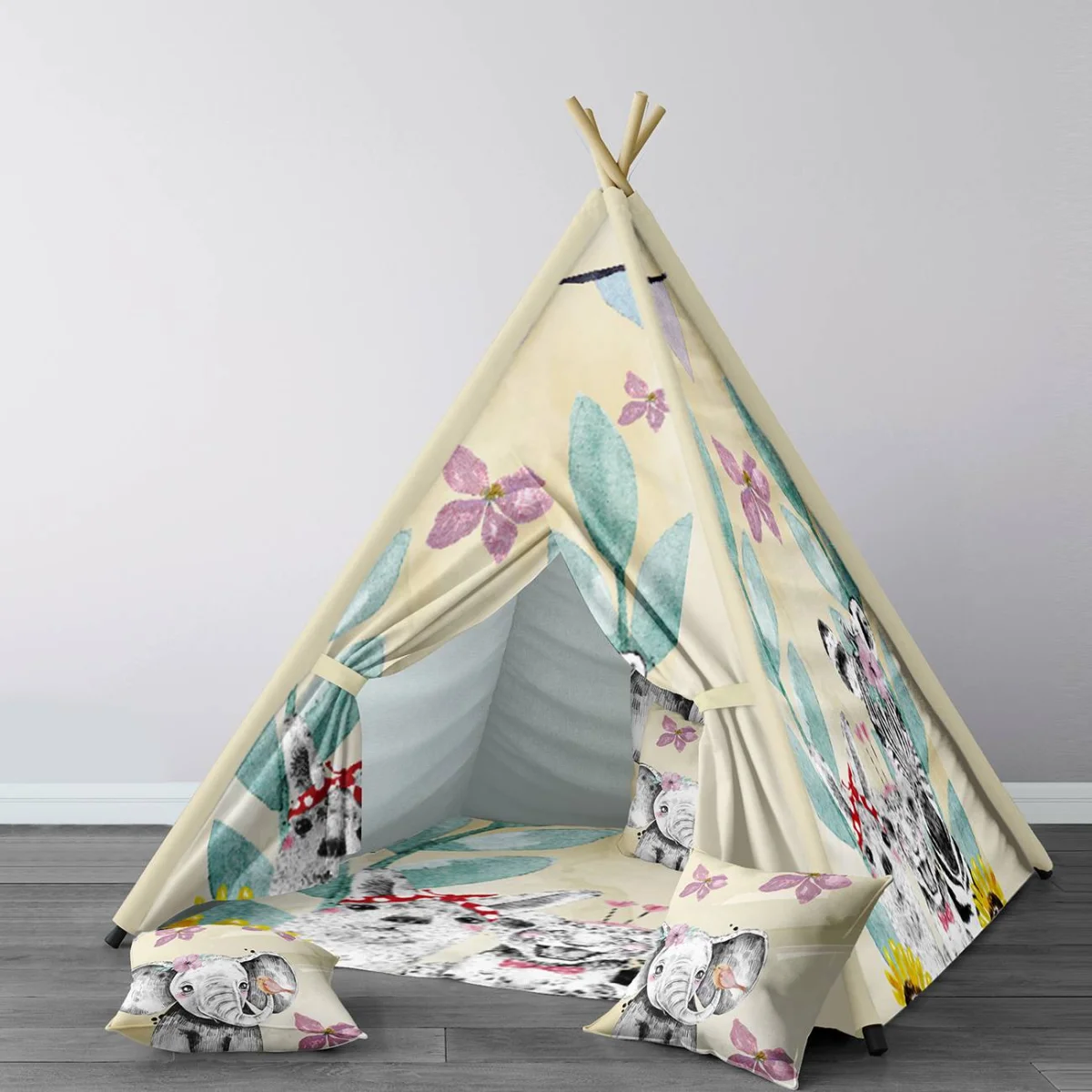 Orman Hayvanları Çadır Evi | Bej Pembe çiçekler, yeşil yapraklar Desenli