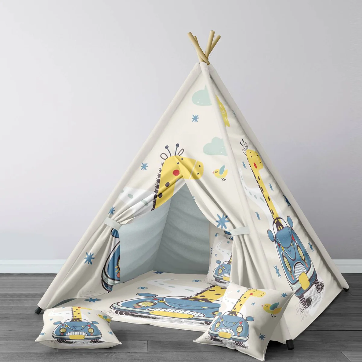 Zürafa ve araba Çadır Evi | Krem yıldızlar, bulutlar Desenli