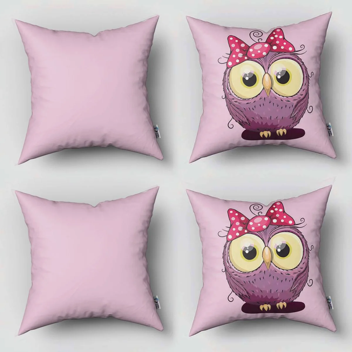 Baykuş 4lü Kırlent | Pembe sevimli mor baykuş, puantiyeli fiyonk Desenli