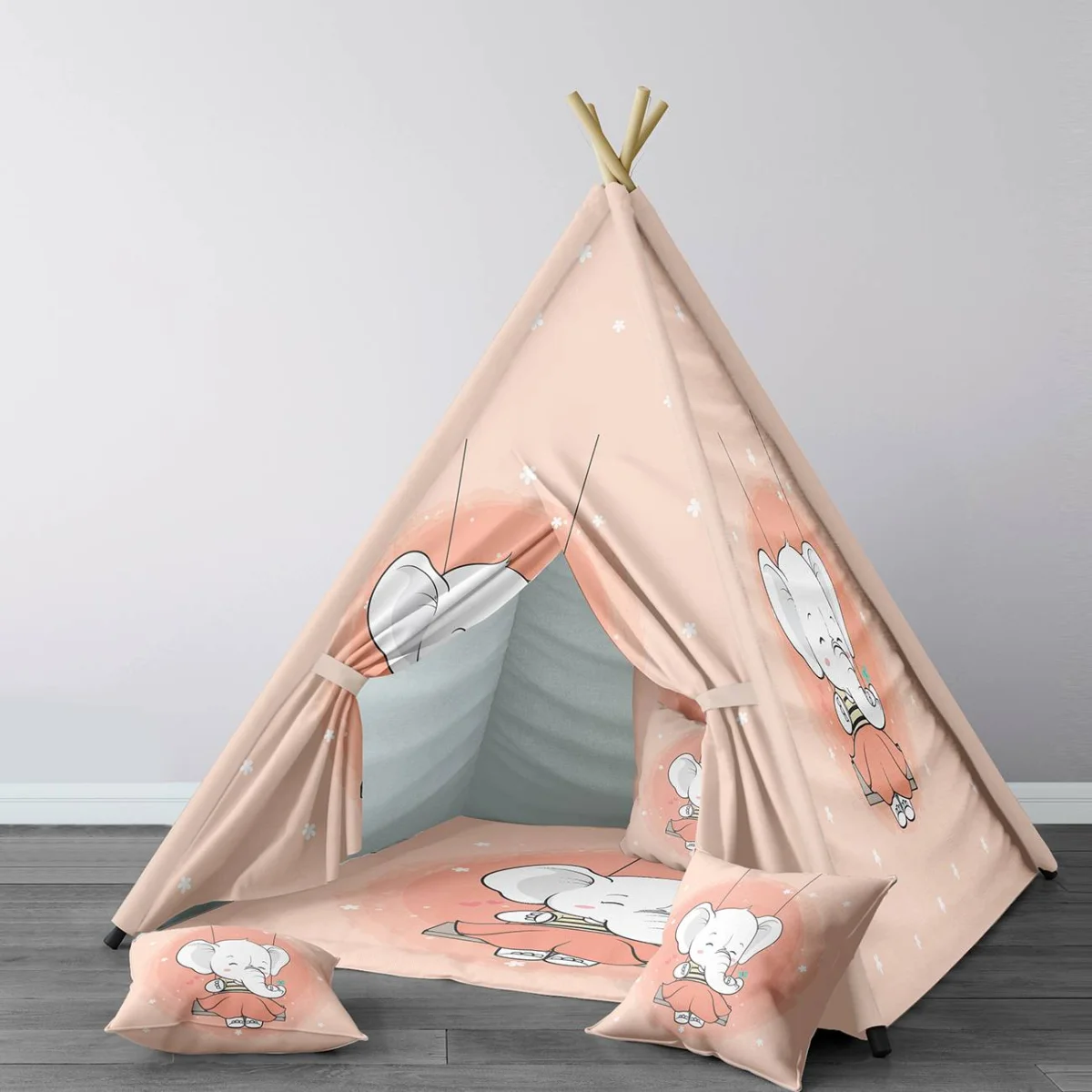 Fil Çadır Evi | Pembe Çiçekler, kalpler Desenli