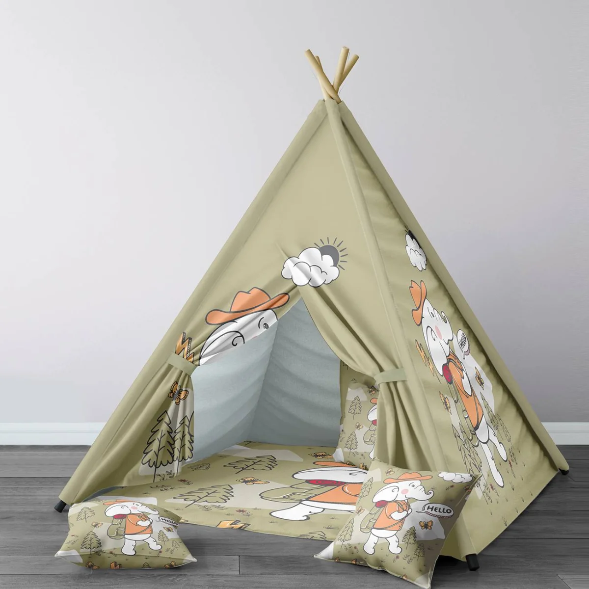 Maceracı Fil Çadır Evi | Haki dağlar, ağaçlar Desenli