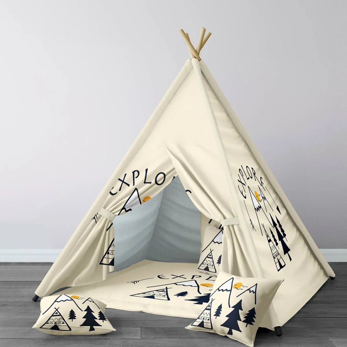 Doğa ve Macera Çadır Evi | Krem Dağlar, güneş Desenli